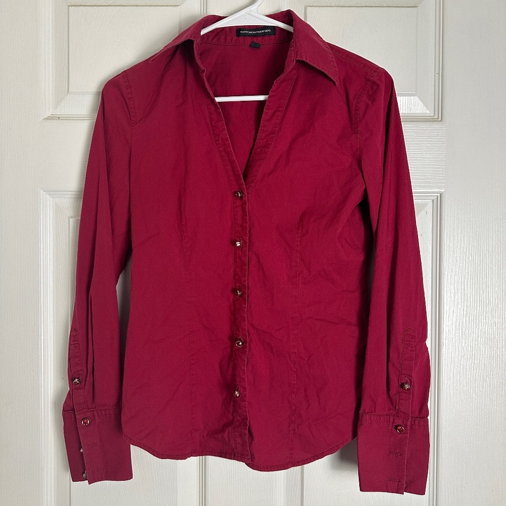 Express 2016 Preppy Business Office Old Money Red Button Down Shirt Women XS